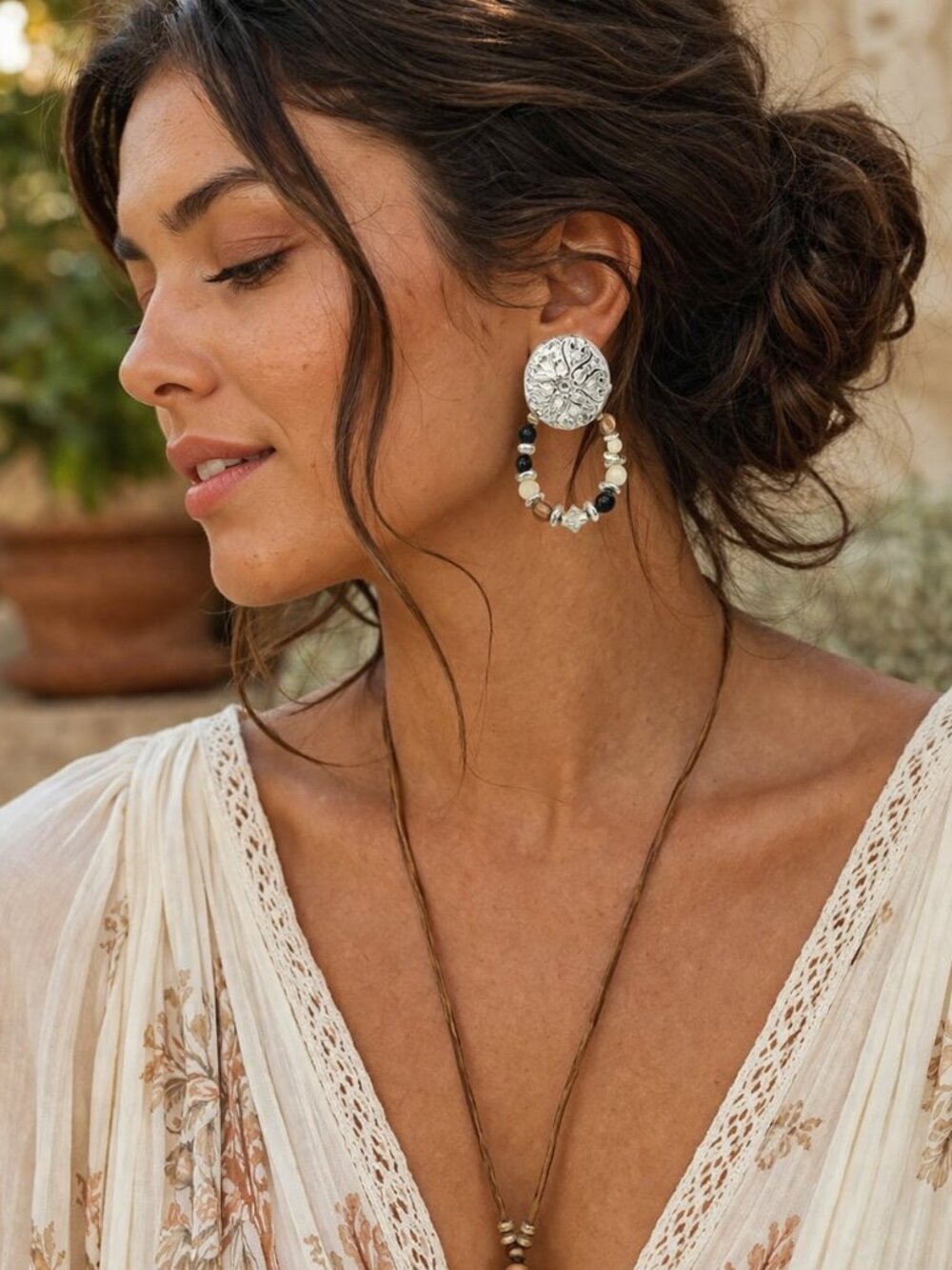 Clip-On Vintage-Inspired Silver-tone Hoop 2-in-1 Earrings